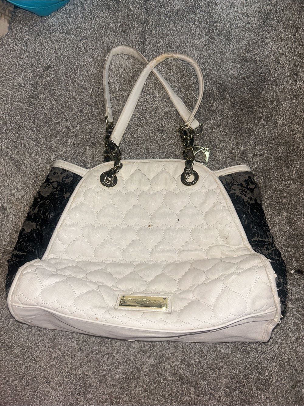 Betsey Johnson White Quilted Satchel with Black Lace Panels